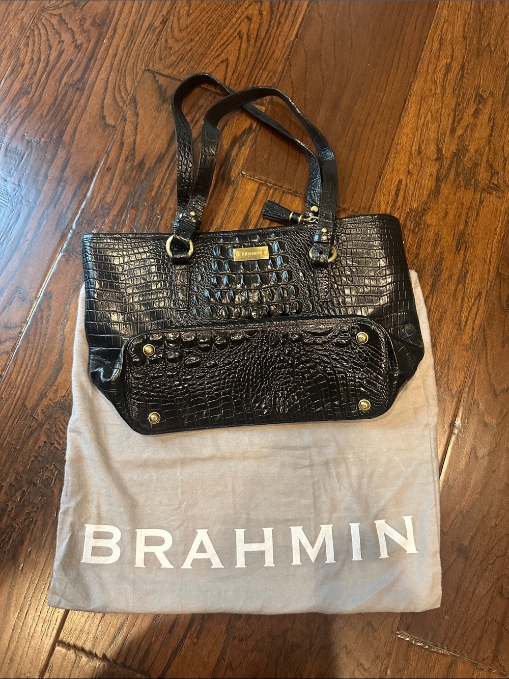 Brahmin Black Croc-Embossed Shoulder Tote with Gold Accents